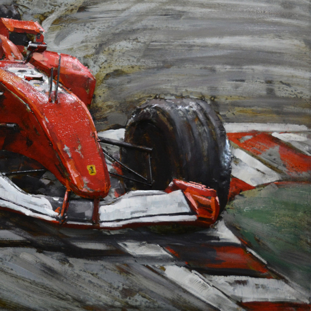 Metall-Bild mit 3D-Effekt: Formel 1 Ferrari Rennwagen