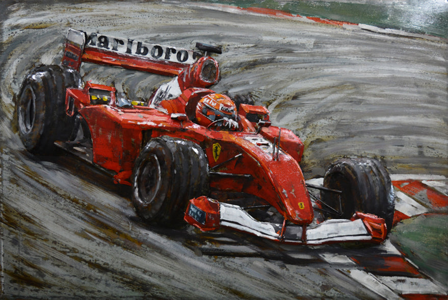 Metall-Bild mit 3D-Effekt: Formel 1 Ferrari Rennwagen