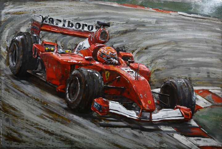 Metall-Bild mit 3D-Effekt: Formel 1 Ferrari Rennwagen