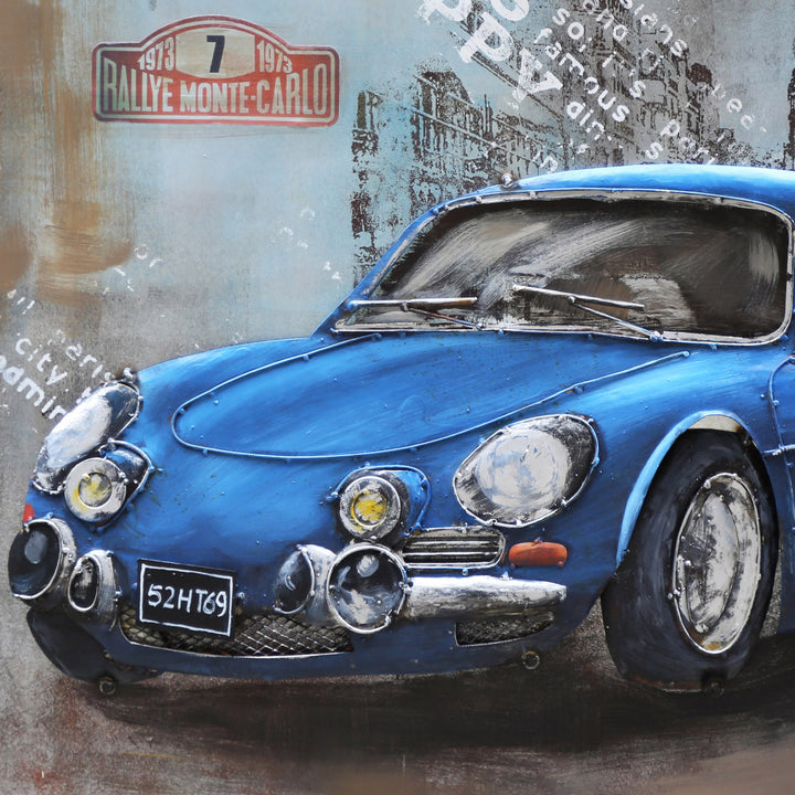 Metall-Bild mit 3D-Effekt: Blauer Sportwagen
