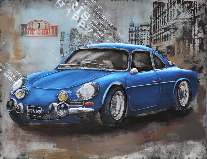 Metall-Bild mit 3D-Effekt: Blauer Sportwagen