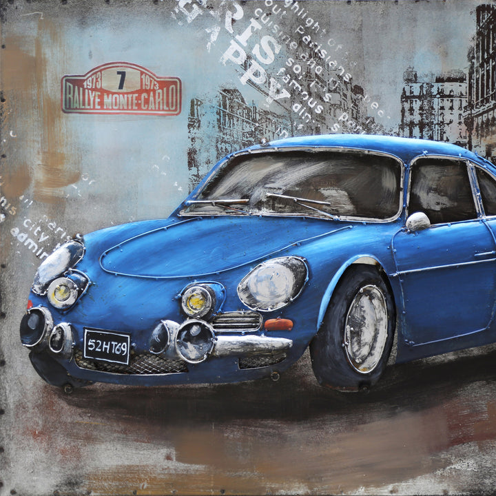 Metall-Bild mit 3D-Effekt: Blauer Sportwagen