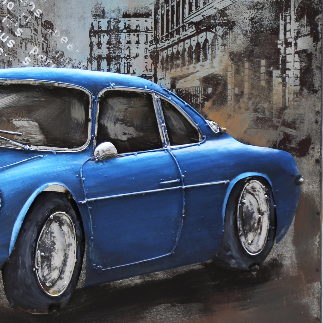 Metall-Bild mit 3D-Effekt: Blauer Sportwagen