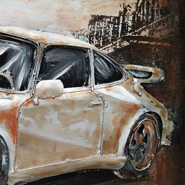 Metall-Bild mit 3D-Effekt: Silberner Sportwagen