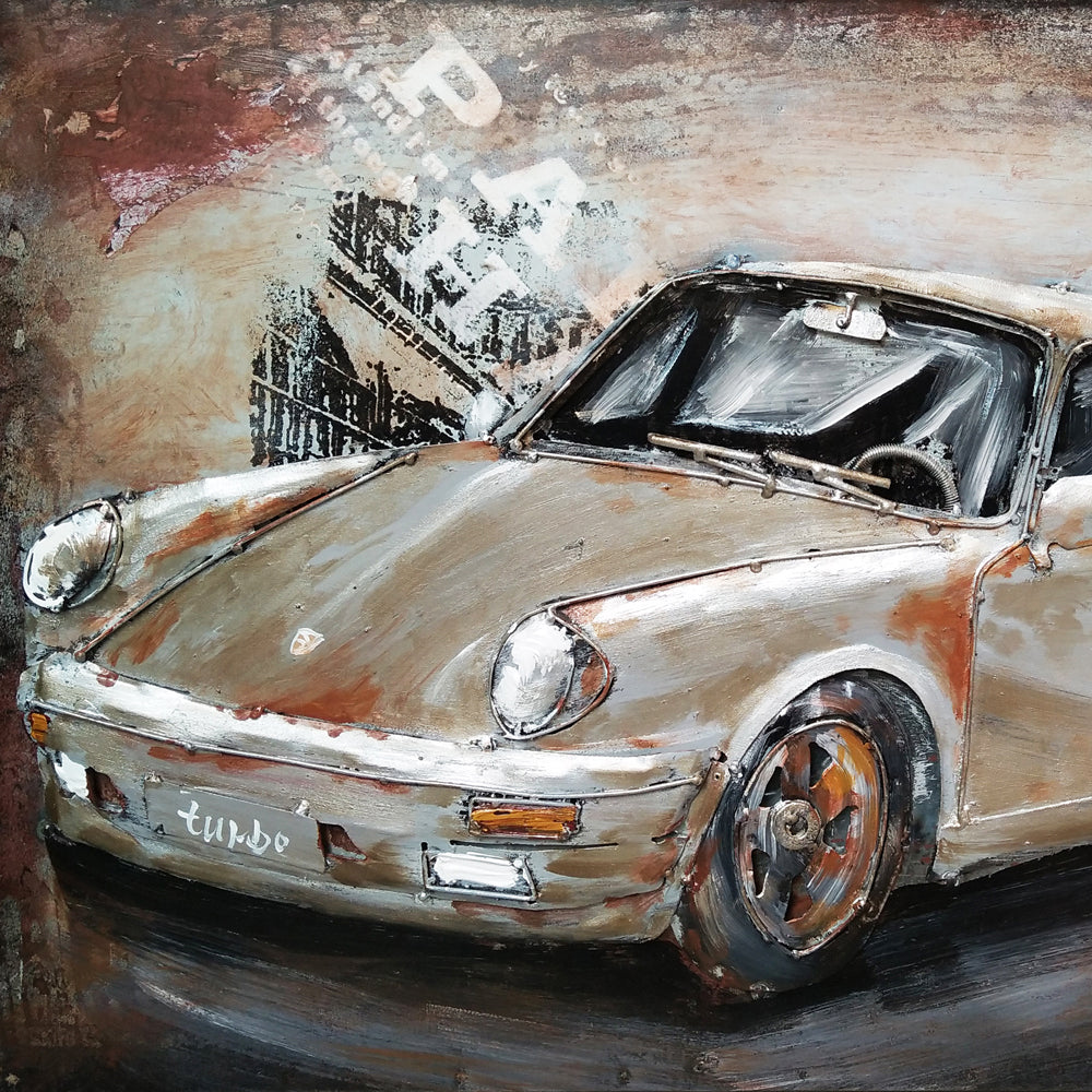 Metall-Bild mit 3D-Effekt: Silberner Sportwagen