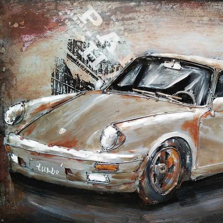 Metall-Bild mit 3D-Effekt: Silberner Sportwagen