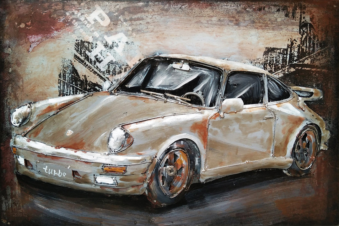 Metall-Bild mit 3D-Effekt: Silberner Sportwagen