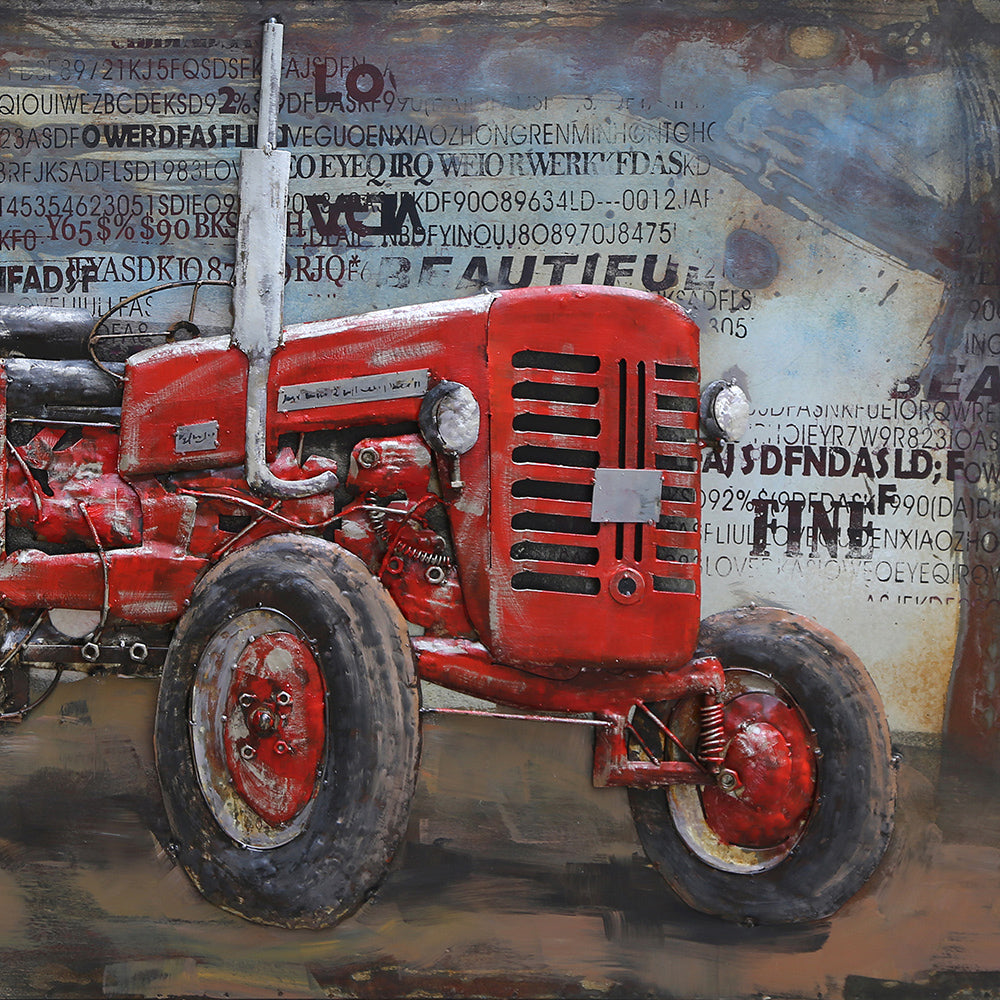 Metall-Bild mit 3D-Effekt: Roter Traktor
