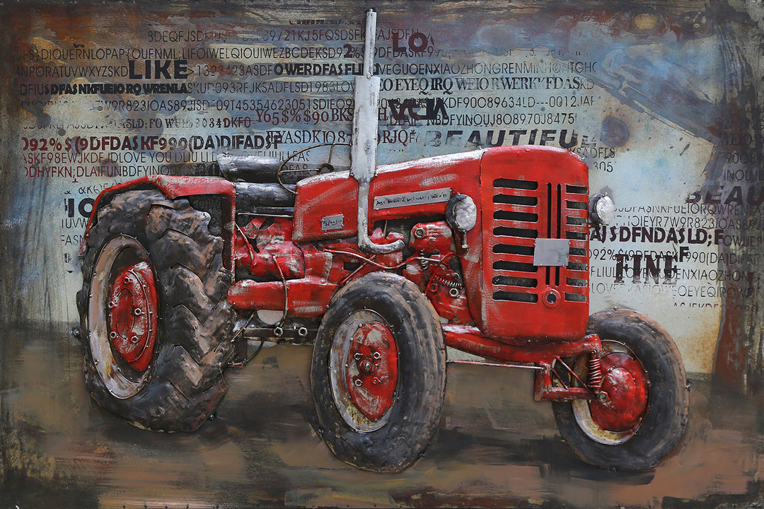 Metall-Bild mit 3D-Effekt: Roter Traktor