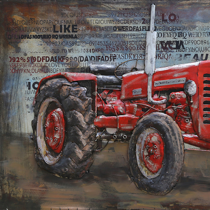 Metall-Bild mit 3D-Effekt: Roter Traktor